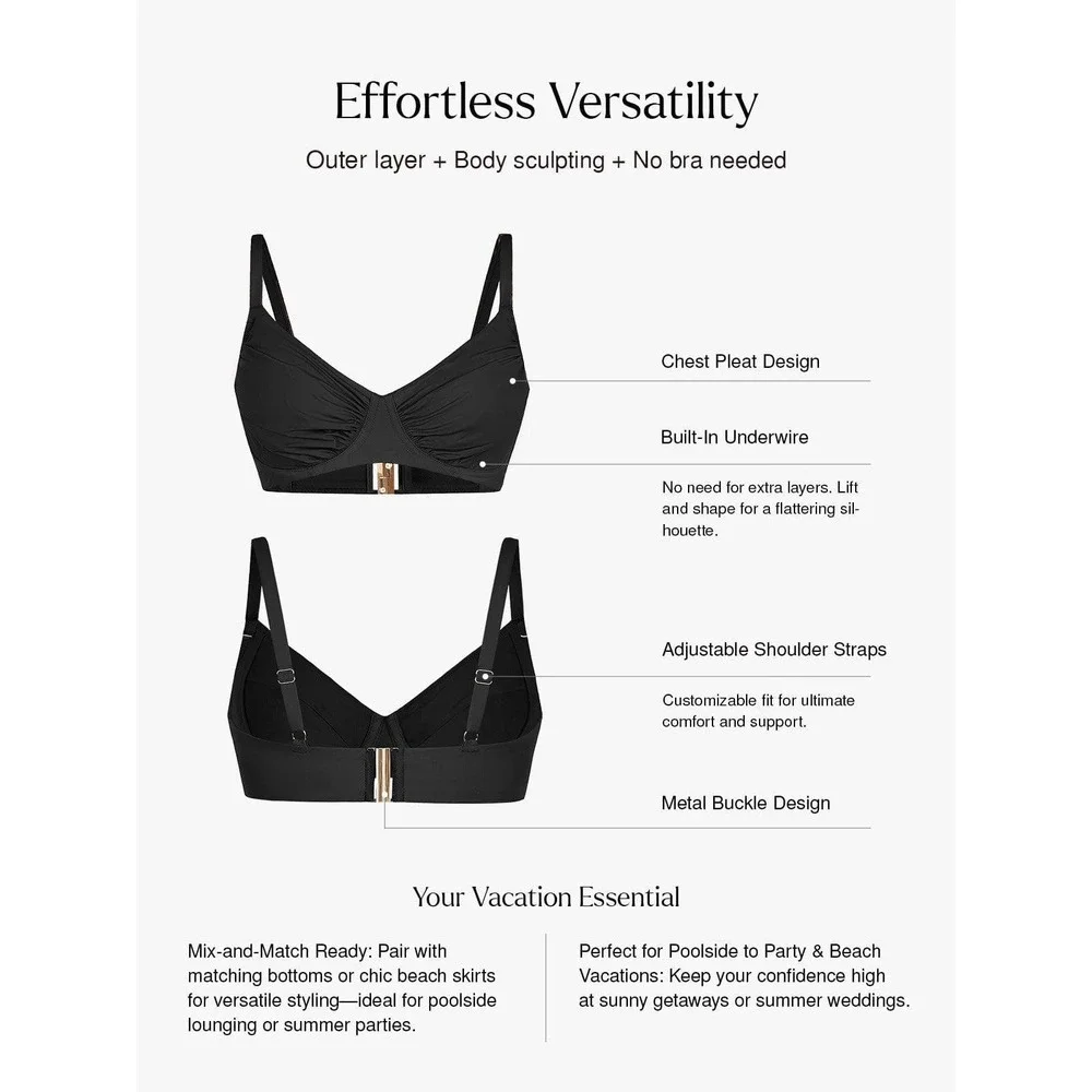 NEW Popilush Shapewear Ruched Underwire Bikini Top Black Large Swimwear